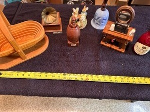 lot 119 image: Variety of Vintage Music Boxes, Wood Basket, and Barrel Man Figurine