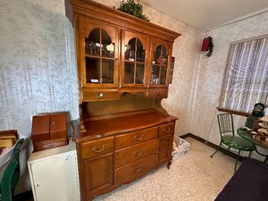 lot 120 image: China Hutch Two-Piece Solid Breakfront Cabinet. Three Door top over 7 Drawer2 Door Base.  77T x 54W x 20D (Items inside not included)