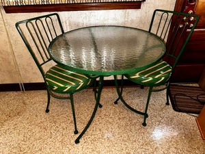 lot 121 image: Vintage Green Garden Table with Glass Top and Two Chairs