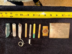 lot 127 image: Lot of Vintage Cigerette Tin, Pencil Lighters, and Indian Head Money Clip