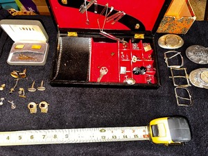 lot 136 image: Large Lot of Vintage Cuff Links, Tie Clips,  and Belt Buckles