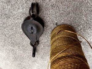 lot 271 image: Antique Hoisting Pulley and Roll of Twine