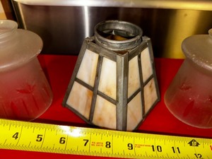 lot 306 image: Antique Mission Arts and Crafts Caramel Slag Glass Light Shade Sconce and Two Etched Clear Glass Shades