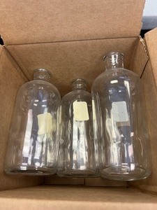 lot 72 image: 8 Total - Round Bottom Glass Bottle No Stopper 12oz.