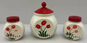 Vintage Fire King Vitrock Range Tulip Shaker Set & Flour Jar With Lid