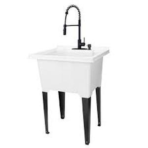 TEHILA Complete 22.875 in. x 23.5 in. White 19 Gal. Utility Sink Set with Black Metal Hybrid Faucet and Soap Dispenser