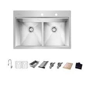 Glacier Bay Zero Radius 33 in. Drop-In 5050 Double Bowl 18 Gauge Stainless Steel Workstation Kitchen Sink with Spring Neck Faucet