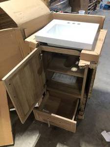 lot 8 image: Glacier Bay Tobana 18 in. W x 19 in. D x 34 in. H Single Sink Bath Vanity in Weathered Tan with White Ceramic Top Customer Returns See Pictures