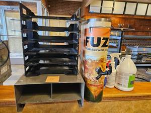 lot 15 image: Commercial Restaurant Equipment Lot with Iced Tea Dispenser, Cleaning Supplies, and Condiment Stand
