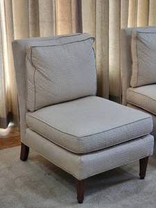 lot 15A image: Kravet Custard Upholstered Slipper Chair Pair
