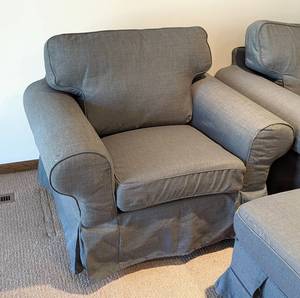 lot 5 image: Pair of Grey Blue IKEA Armchairs and Storage Ottoman