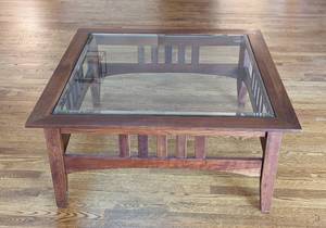 lot 15 image: Glass Topped Wood Coffee Table