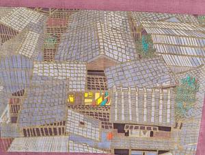 lot 33 image: Kyoto Roofs Woodblock Fabric Print by Clifton Karhu