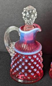 lot 56 image: Vintage Cranberry Hobnail Glass Cruet Set