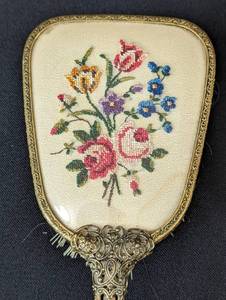 lot 129 image: Vintage Three Piece Needlepoint Vanity Set