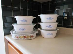 lot 88 image: 6 piece corning casseroles and bonus cooking handle attachment and warmer