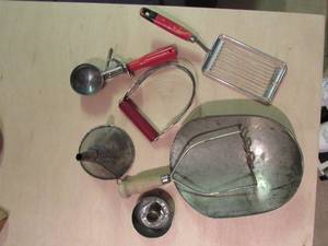 lot 105 image: Vintage and functional kitchen Rival Buffet server NIB, Parfait glasses, vintage steam iron, yosemite mug, vintage funnel vintage ice cream scoop