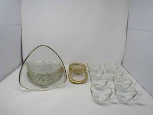 lot 111 image: 20 Pcs luncheon set glass and gold accents (8 plates, 8 cups, 4 saucers)