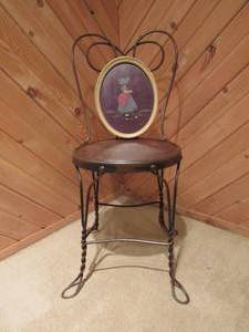 lot 119 image: Vintage Ice cream chair and fiber art (Needlepoint embroidery) framed  2 pc group
