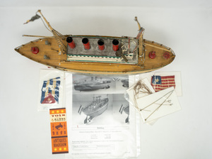 lot 24 image: Antique Windup Tin Ship (Possibly Ives) with Four Smokestacks Mechanical Boat--as seen on antique roadshow (PBS)