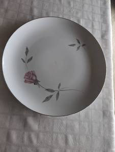 lot 63 image: Vintage Mikasa Premiere Primrose 8194 China Sugar Bowl and creamer and 12 Chop Plate Serving platter Cake Plate with soft Pink Rose Grey Leaves and Platinum Trim (3 pieces)
