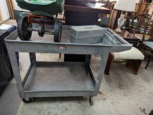 lot 136 image: Lawn and Garden Large Rubbermaid yard Cart and Edge gaurd Scotts Turf Builder spreader 1950s Tackle box