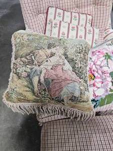 lot 11 image: Floral and Plaid Chair w Ottoman & Accent Pillows