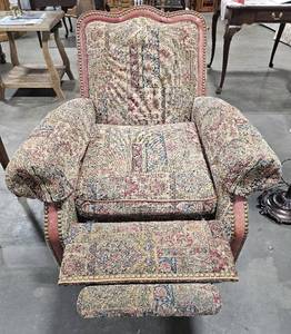 lot 13 image: Patterned Fabric & Leather Recliner w some scratch marks
