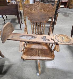 lot 16 image: Handmade Wood Wall Clock w Shelf & VTG Rocker on Casters (has split in seat)