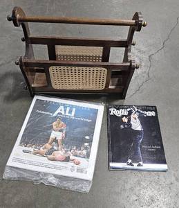 lot 18 image: MCM Real Wood Caned Magazine Rack Holder Curved Handle w Muhammad All USA Today Special Edition 2010 & Michael Jackson Rolling Stone Magazine 2009