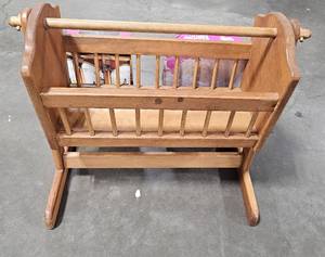 lot 19 image: Handmade Rocking Magazine HolderCrib w Rosie ODonnell 1999 Friend of Barbie & Romantic Bride Barbie