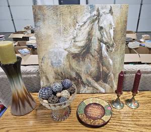 lot 24 image: Lot of Home Decor Accent Pcs Inc Selina Taylor Boundless Beauty Canvas Art Print, Red Candle Sticks Brass w Leaves, Kinto Petal Bowl, Pillar Candle Holder