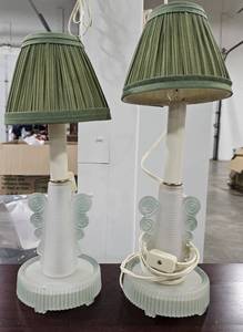 lot 34 image: VTG Art Deco Frosted Green Glass Bedroom Candle Lamps 15 Tall - works