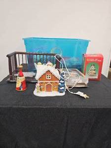 lot 230 image: VTG Christmas Decor - Angel Candles, Light Up Gingerbread House (untested), Light-up Frosted Tree (untested), Ornaments, Tray, Tins, Topper, and More