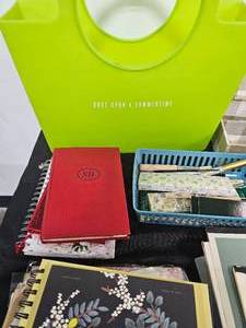 lot 233 image: DrawingPainting Supplies - Sketch Pads, Tracing Paper, Watercolor Paper, Brushes, Plastic Handled Tote, Plaid Cloth Box, etc.