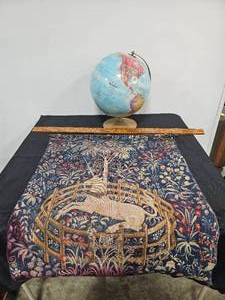 lot 241 image: Replogle World Nation Series Globe, F.A. Tenney Co. Yard Stick, Unicorn and Floral Tapestry (discoloration on bottom and edges)
