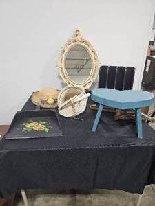 lot 242 image: VTG Home Decor, Cream Oval Wall Mirror, Wooden Floral Panted Dust Pan, Wooden Floral Painted Organizer, Straw Hat w Fruit, Woven Umbrella Wall Hanging Decor, Blue Heart Stool