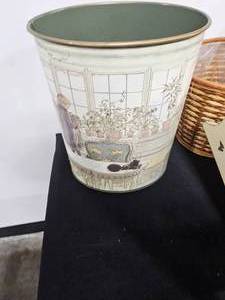 lot 244 image: VTG 3 Metal Trash Cans, Woven Straw Trash Can and Wooden FloralButterfly Trash Can