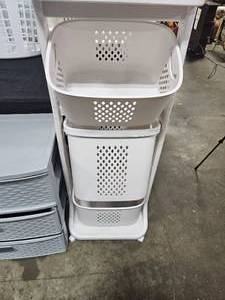 lot 245 image: 3 Tier Laundry Organizer on Wheels, 1 Tall Hamper, 3 Tier Organizer w Top, Gray 3 Drawer Organizer