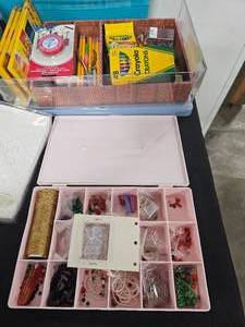 lot 247 image: Craft Supplies, Plastic Totes, Small 3 Drawer Organizer w Misc Supplies, Decorative Boxes, Decorative Paper Napkins and More