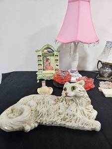 lot 253 image: VTG Home Decor - Frame, Pitcher Lamp (untested), White and Pink Lamp (untested), Cat Statue, Hat Hook, and More