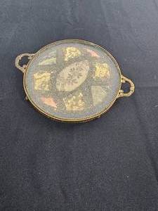 lot 255 image: VTG Antique Brass and Glass w Lace Doily Vanity Tray 7.5