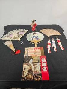 lot 273 image: Geisha Statue, Accessories, Fans and Decor. Fan w Red Tassel is Damaged