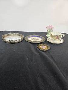 lot 280 image: VTG Homer Loughlin Plate, Victorian Design Tea Cup and Saucer, Mirrored Vanity Tray, 3 Bud Vase and Small Victorian Style Home Decor Piece
