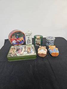 lot 189 image: VTG Tea and Biscuit Tins - Cat Shaped and Victorian Themed