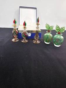 lot 197 image: Rare VTG Set of 3 Egyptian Hand Blown Perfume Bottles, 2 Unbranded Holly Topped Perfume Bottles