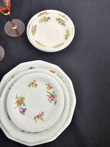 lot 199 image: 2 Aynsley Cottage Garden Made in England Plates, 1 Fire King Bowl, 4 Misc. Pieces of Classic Rose Garden Rosenthal Group Germany, 5 Pieces of PeachLight Pink Stemware