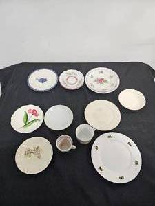 lot 198 image: Calico Cat Burleigh Staffordshire England Plate, 2 Leltmann Weidew Bavaria Saucers, 2 Floral Spode England Plates, 1 Hand Painted Tulip Heritage Ware By Stetson Plate, 1 Small Crown Potteries Plate, 1 Sophie All Port Bee Plate and More
