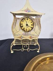 lot 203 image: Home Decor - Decorative Clock (untested), White Paper Towel Holder, Decorative Tray