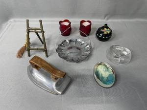 lot 61 image: Victorian Paper Weight, VTG Miniature Iron, Farber Bros New York 6 Silver Tone Basket w Handle, Pair of Red Votives, Etc